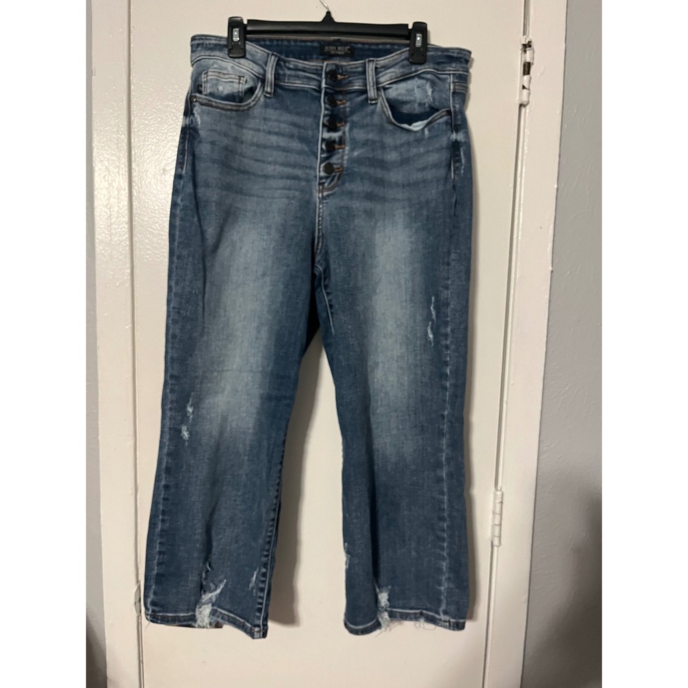 Judy Blue High Rise Distressed Straight Leg Jeans Blue Button Fly Raw Hem 32W